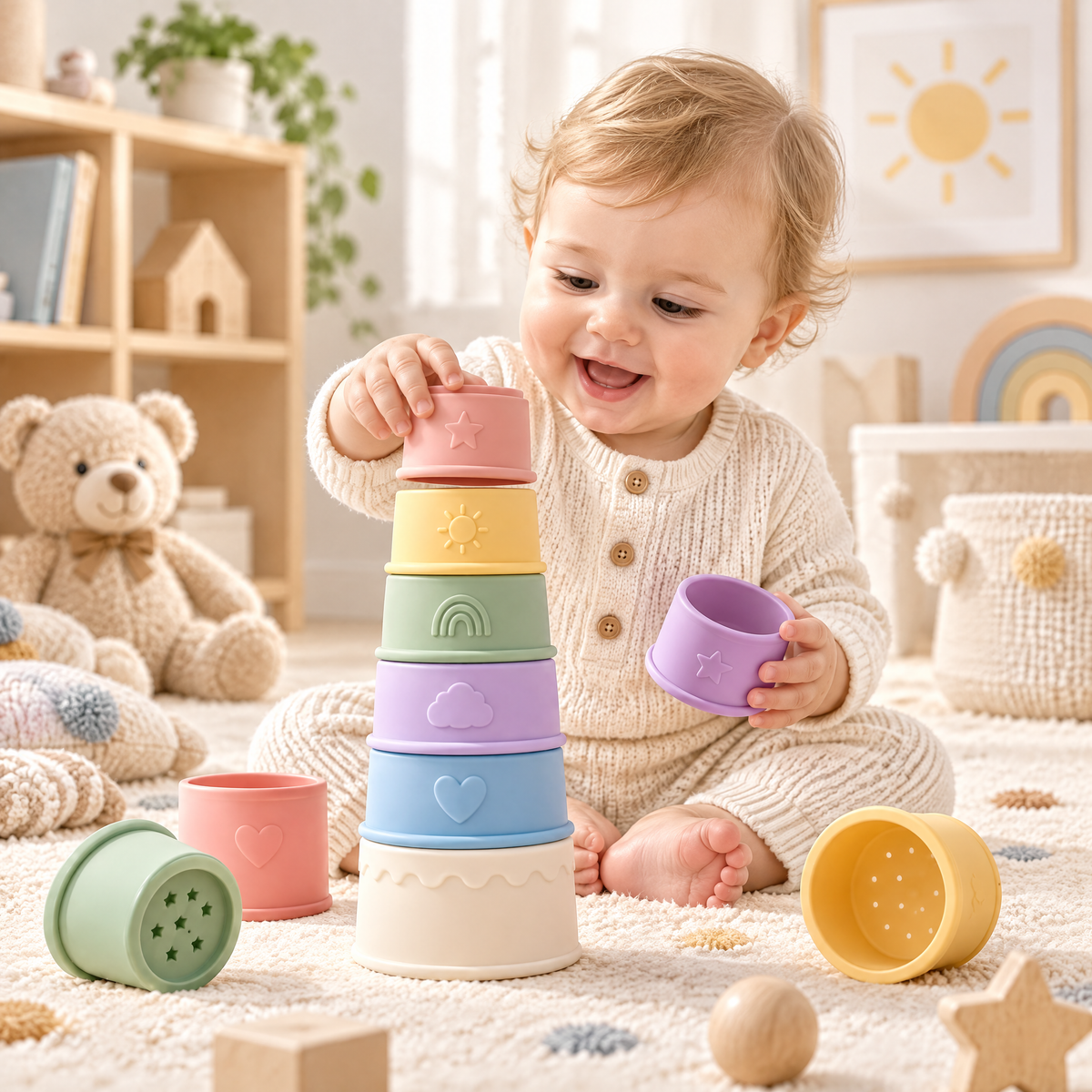 Pastel stacking cups showing their different sizes and embossed details